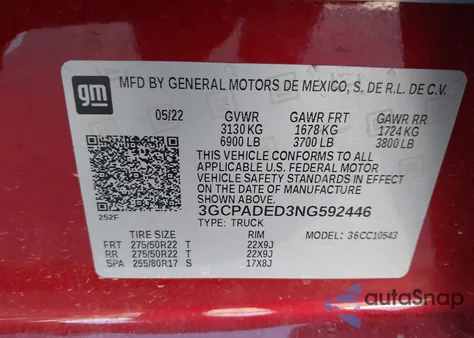 2022 Chevrolet Silverado 1500 2Wd Short Bed Rst z USA, uszkodzony, nr VIN 3GCPADED3NG592446